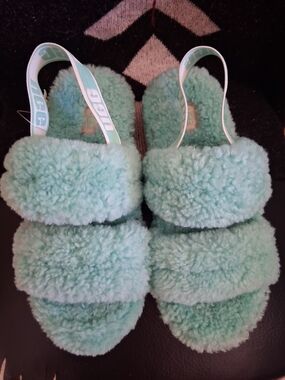 UGG Mint Green Fuzzy Slide Sandals with White Soles